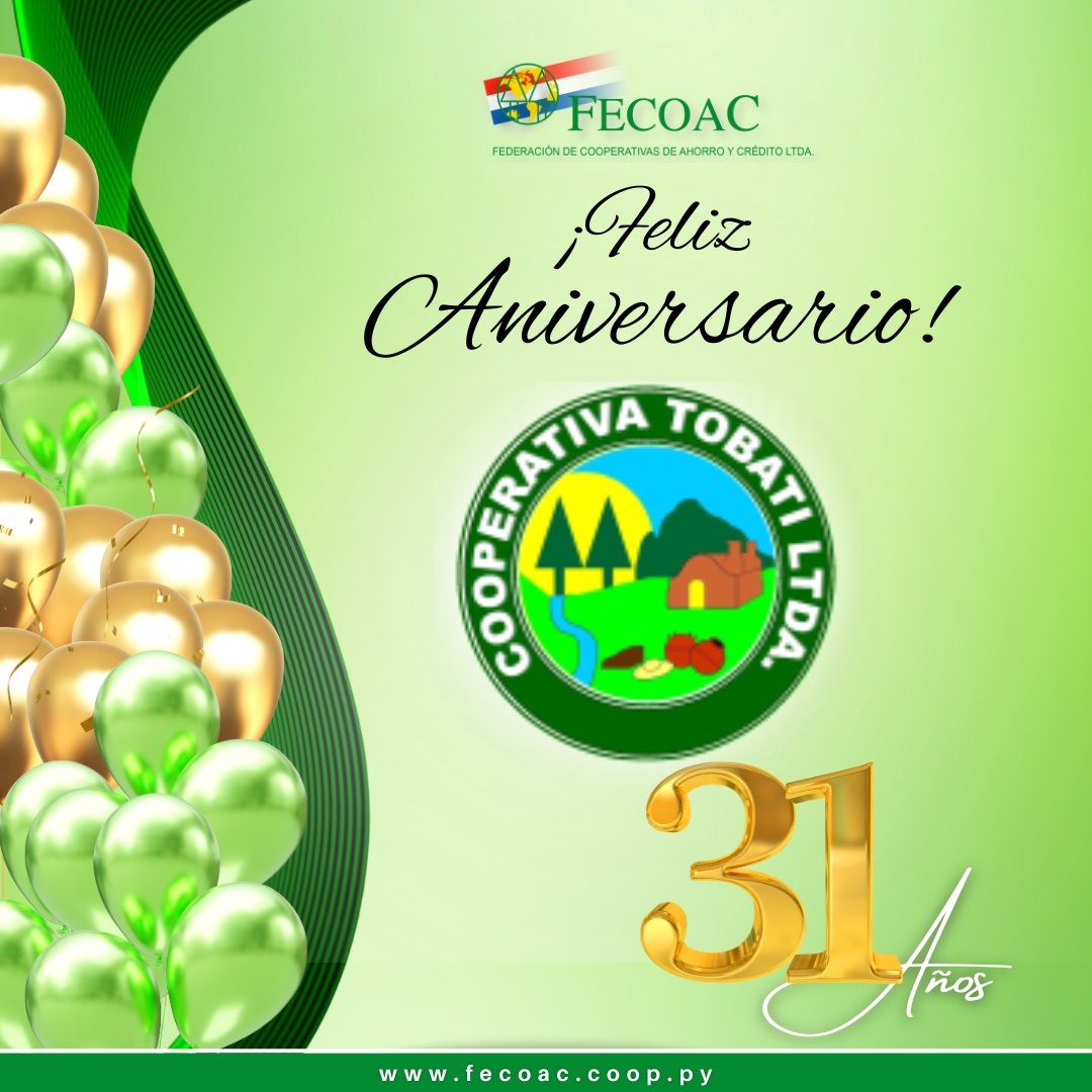 fecoacpy's tweet image. Feliz Aniversario Cooperativa Tobati Ltda. Muchas Felicidades por los 31 años de vida institucional al servicio de sus asociados!!.
#fecoacpy