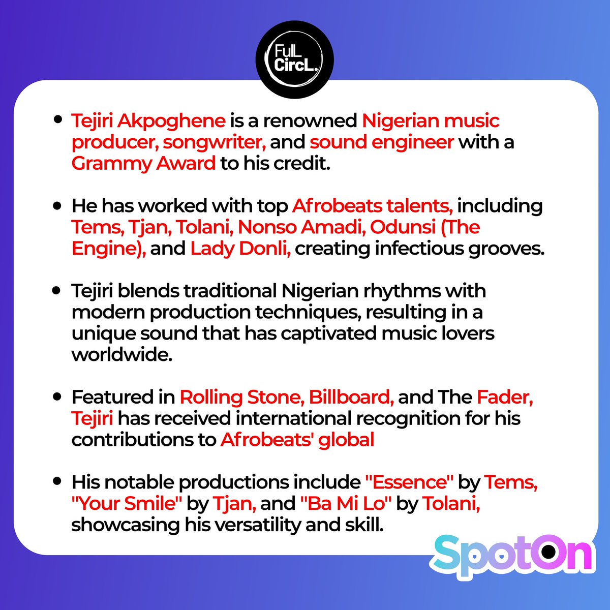 FulLCircLAfrica's tweet image. SPOT ON🚨 :Grammy-winning Nigerian producer @tejirisonics , songwriter &amp;amp; sounds engineer! Collaboration @temsbaby ,@iamTJAN @shestolani @NonsoAnozie Noteable works are “Essence” &amp;amp;” ‘Your smile’.

#afrobeat #FulLCircL