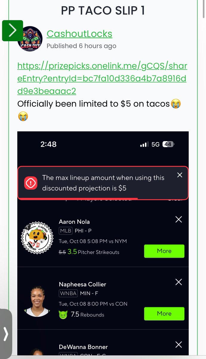 Cashout_Locks's tweet photo. Cashhhh it Prizepicks Max $25 Taco Slip
Now we know why they patched me😭
LET ME KNOW IF YOU TAILED!!

SPECIAL DISCOUNT LINK DOWN Below!!

Data Powered by @BetalyticsInc 

#gamblingx #gamblingtwitter #sdql #mlb #sportsbettingx #fliff #fanduel         #draftkings                                   #prizepicks #GamblingTwitter #SportsGambling #MLBBets #MLBTwitter #GamblingTwitter #GamblingX #SportsBettingX #PlayerProps  #NFL            #CollegeFootball #WNBA    #MLB #RedOctober   #phillies #LynxRecognize   #lynx #BringTheHeat