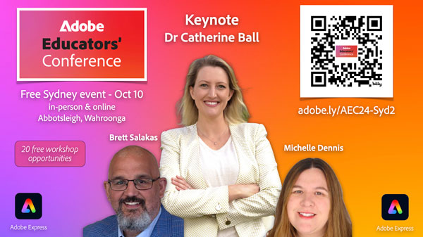 Join us live and free tomorrow for the last day of the Adobe Educators' Conference starting at 8:45 AM (AEDT). Find out more - adobe.ly/AEC24-Syd2 #AdobeEduCreative #aussieED #edchat #adobeexpress
