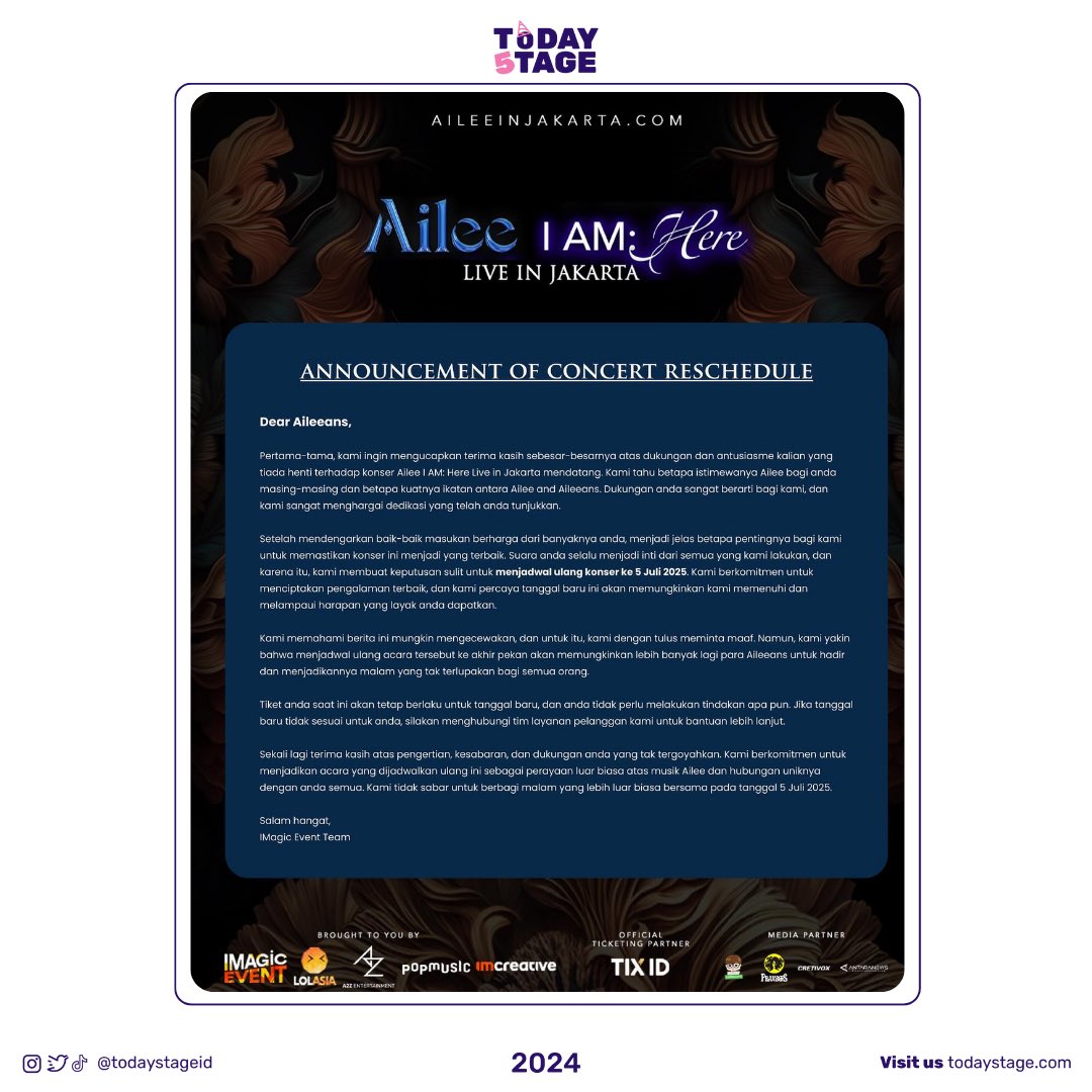 todaystageid's tweet photo. NOTICE OF EVENT RESCHEDULE AILEE I AM: Here Live in Jakarta
📢 Important Update: here is the new information regarding the rescheduling of Ailee’s concert Ailee I AM: Here in Jakarta.
#Aileeinjakarta #Ailee #에일리 #InfinityMusicCreative https://t.co/jb1r6ywWvy