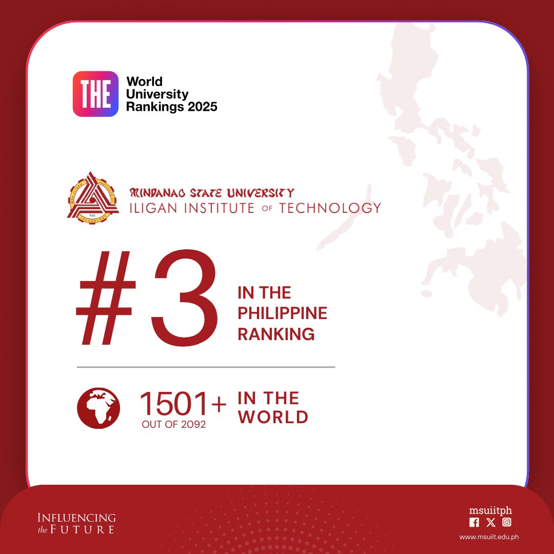 MSU-IIT soars high and continues to put the Mindanaoan excellence on the map, ranking 3rd in the Philippine ranking of the prestigious Times Higher Education (THE) World University Rankings! 

Read the news here: msuiit.edu.ph/news/news-deta…

#THEUniRankings
#InfluencingTheFuture