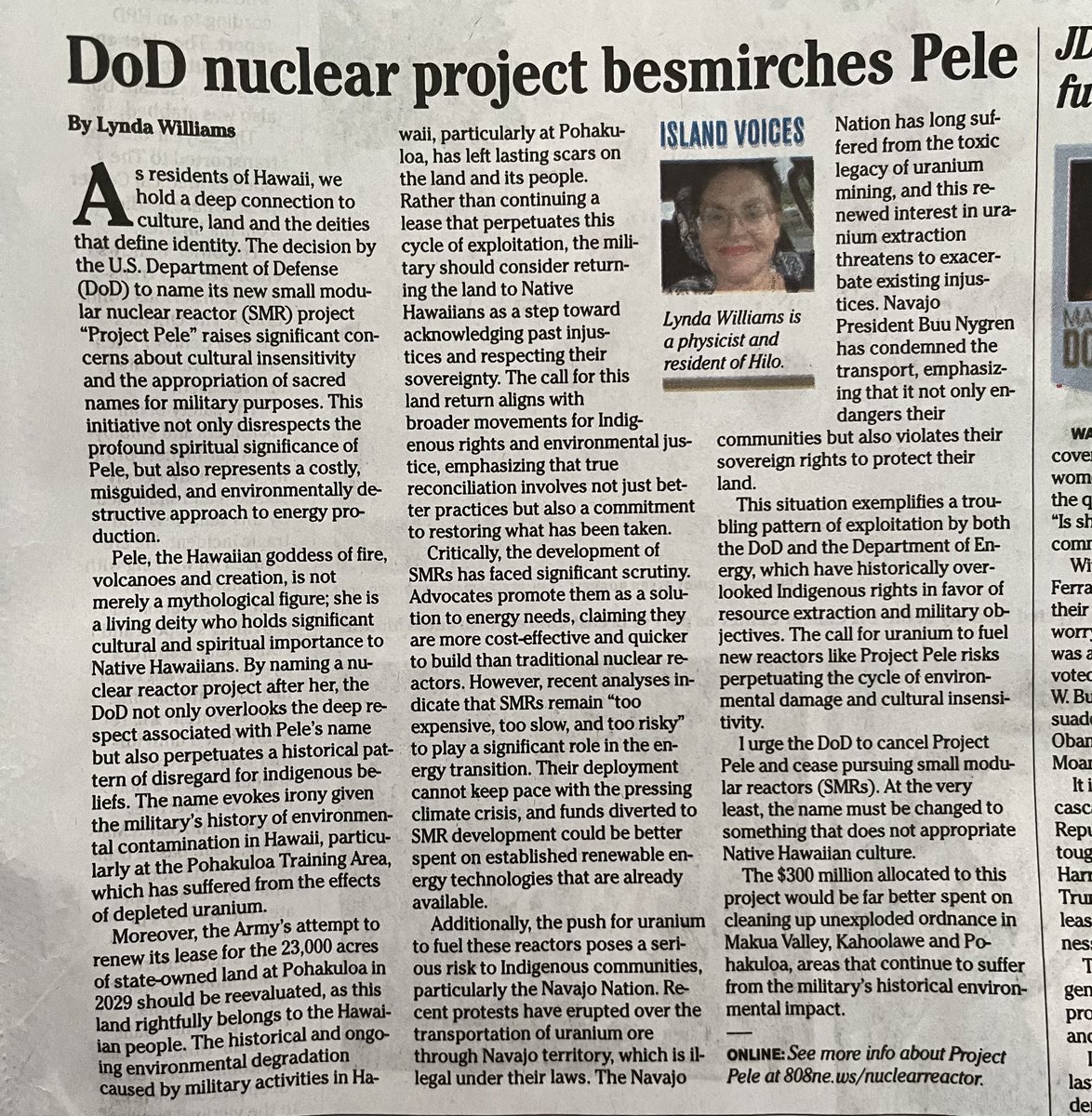 SpaceEcologist's tweet photo. My latest in @StarAdvertiser!
The department of defense adds insult to injury by naming their most recent nuclear reactor program “Project Pele”!
#LandBack #NoNewNukes #NoNukes #ProjectPele #Hawaii
@DeptofDefense @GovNuclear @ENERGY @AnnWright46 @brianschatz @maziehirono @RepJillTokuda @OfficeGovEthics @GovJoshGreenMD @SecDebHaaland @SecGranholm @oahuWP @dorfman_p @sierraclubhi @HawaiiNewsNow @BigIslandNow @MKEAinfo @Keoni_DiFranco @KanielaIng @nikosleverenz @NucSafetyUCS @IENearth @BuuVanNygren @NatCounterPunch
@JeffreyStClair3 @EAducator
https://t.co/rikVogHnGb