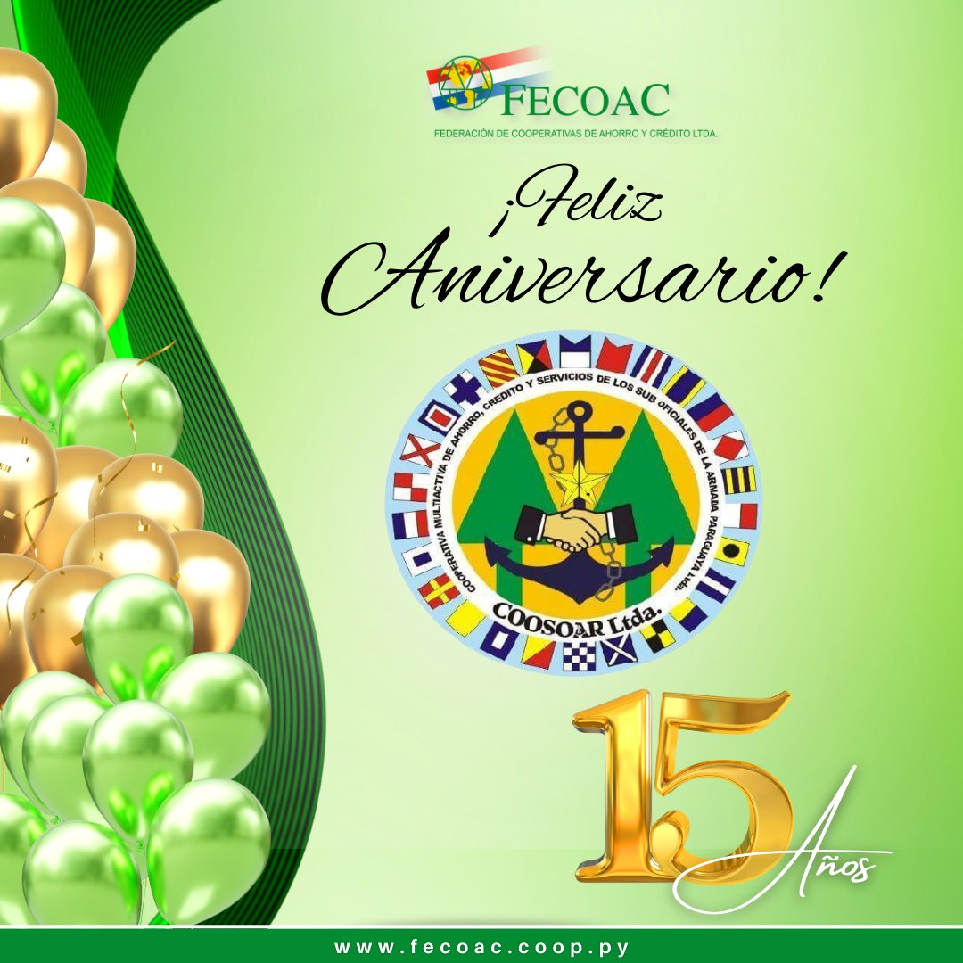 fecoacpy's tweet image. Feliz Aniversario COOSOARLtda. Muchas Felicidades por los 15 años de vida institucional al servicio de sus asociados!!.
#fecoacpy