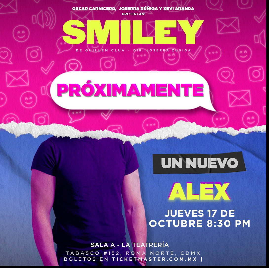 El hilo rojo del destino nos trae un nuevo Alex a #SMILEY 

¿Puedes adivinar quién es? Aquí te dejamos algunas pistas 🧗‍♀️🏝️🧑‍🍳

Compra tus boletos y descúbrelo #próximamente 🔥

🗓️Jueves 17 de octubre, 8:30 pm
🎟️Boletos en taquilla o en <a href="/ticketmaster_mx/">Benjamin Hernandez</a>