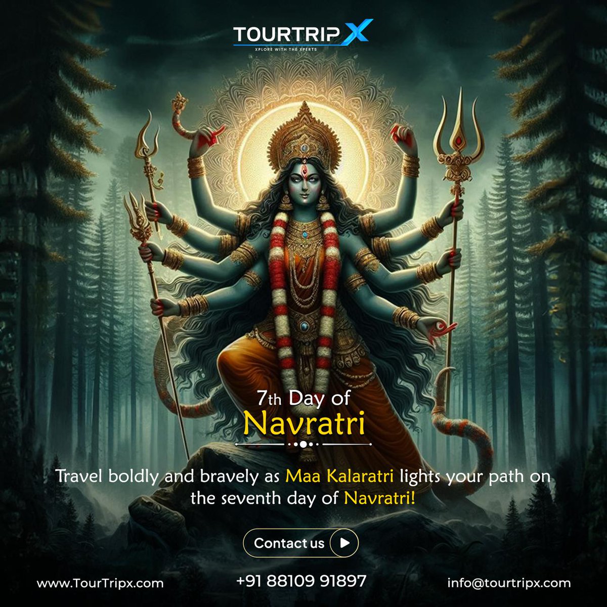 TourTripX's tweet photo. On this auspicious 7th day of Navratri, we celebrate Goddess Kalaratri, the fierce form of Maa Durga who removes darkness and fear. 🌸🕉️
#NavratriBlessings #Day7 #goddesskalaratri #tourtripx #TravelSmart https://t.co/ogi5M8QE9D