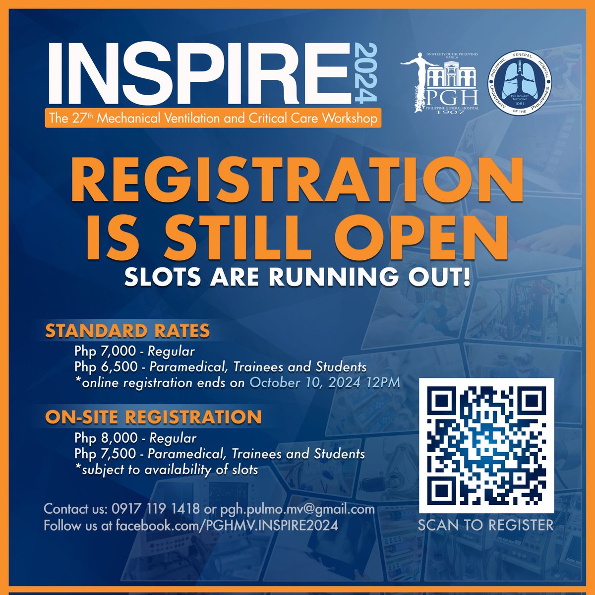 MEET THE SPEAKERS | INSPIRE 2024 is packed with high-yield lectures from experts in pulmonary and critical care medicine. 🫁🩺

Register today! Don't miss out on our standard rates and 6+1 promo. Online registration runs until October 10, 2024 (Thursday), 12:00 nn 🇵🇭

Scan QR ⬇️