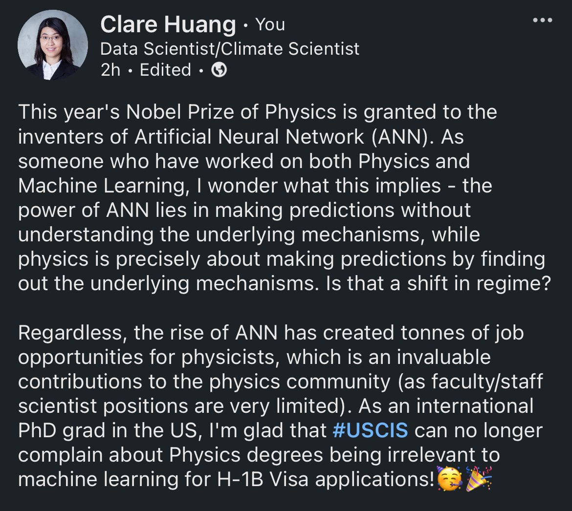 ClareSYHuang's tweet image. When knowing the news that the #NobelPhysics 2024 Prize of Physics this year was awarded to the inventors of #ArtificialNeuralNetwork, I couldn't help wondering what the expectations on physicists is now. I couldn't refrain from writing a short LinkedIn post to express my view.