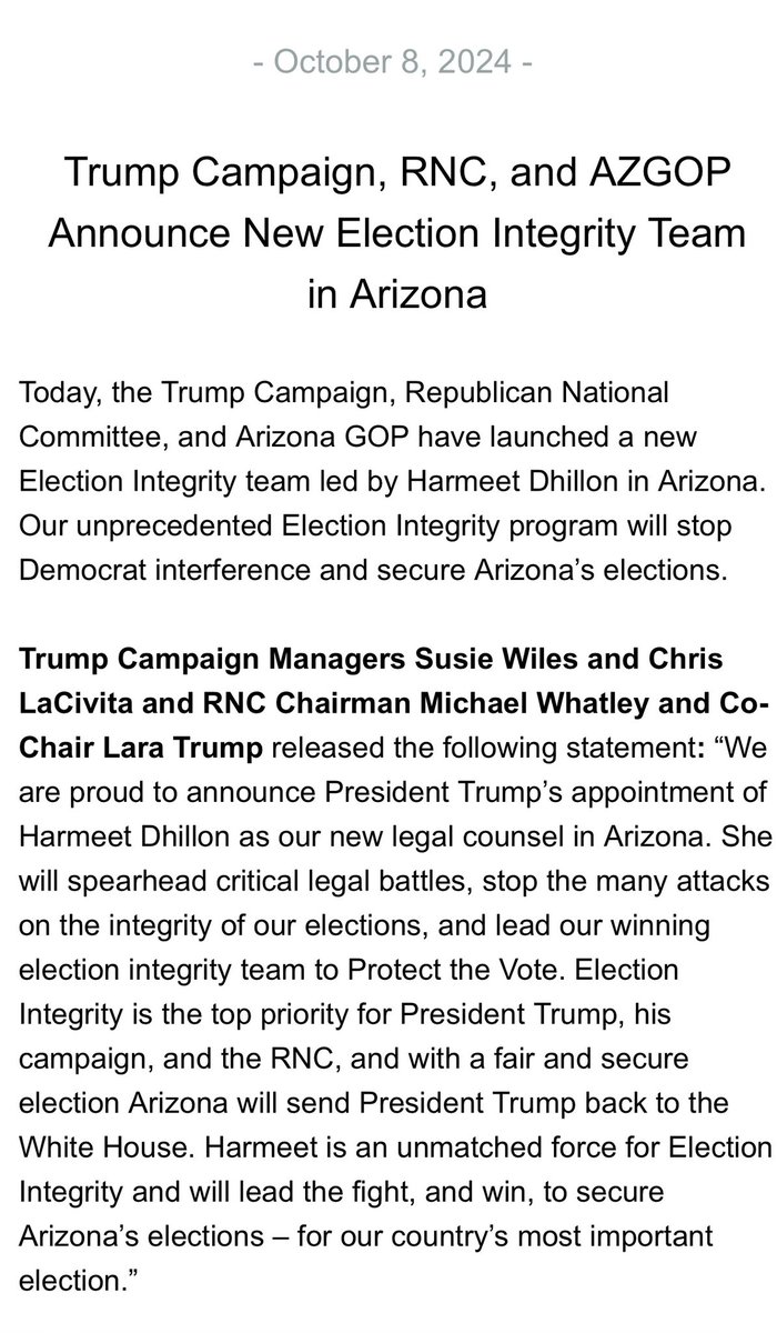🚨🚨 HUGE NEWS 🚨🚨

Harmeet Dhillon (@pnjaban) has been tapped to lead the <a href="/TeamTrump/">Team Trump (Text TRUMP to 88022)</a>/<a href="/GOP/">GOP</a> Arizona Election Integrity team!

Time to go FIGHT and WIN!

djt.nucleusemail.com/amplify/v/Q2r5…
