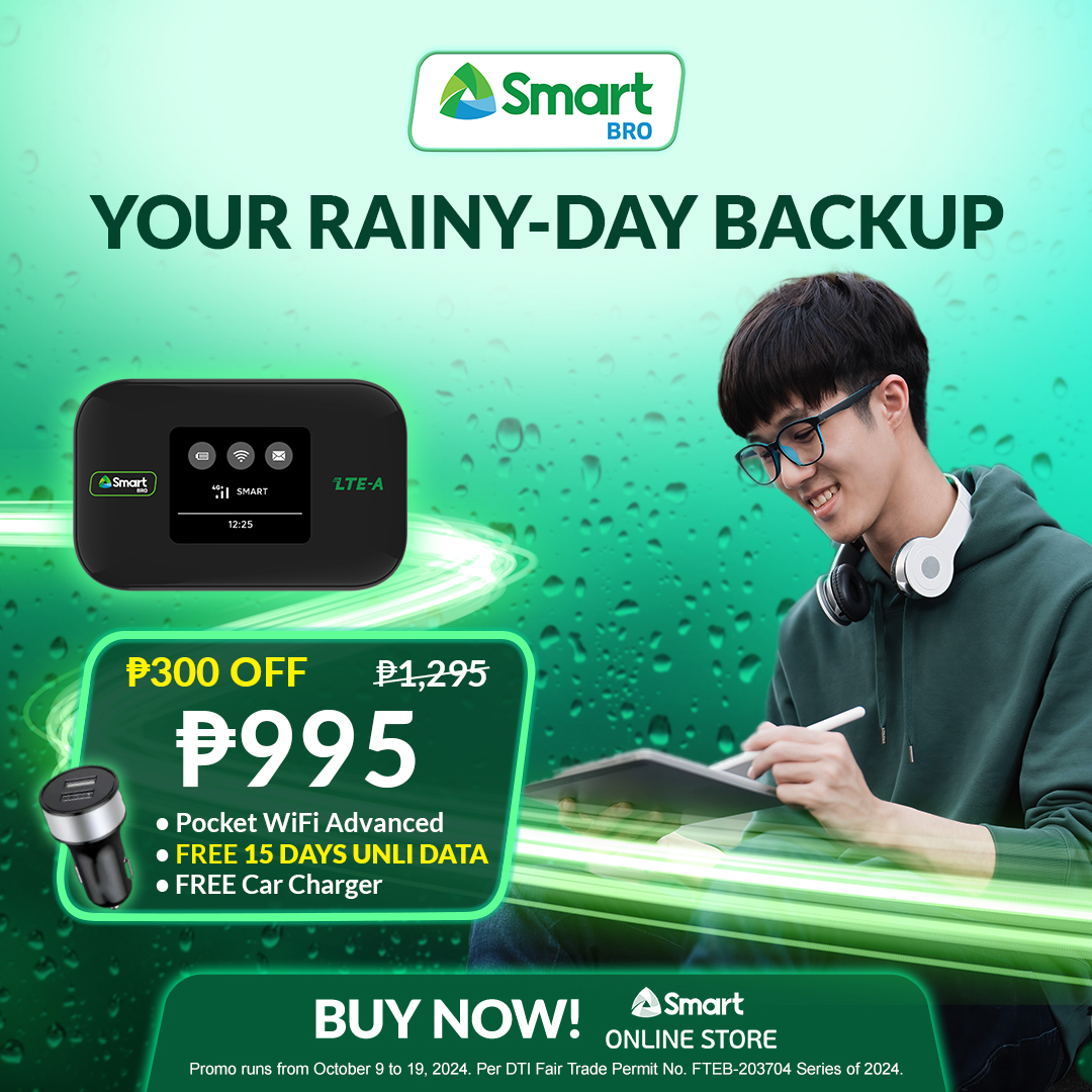 LiveSmart's tweet photo. Keep your connection strong, no matter the weather. 🌧️📶 Get the Smart Bro Pocket WiFi Advanced with FREE car charger and 15 days Unli Data, now only ₱995: https://t.co/OPBNEhtYC8 https://t.co/HHxILbvTQ1
