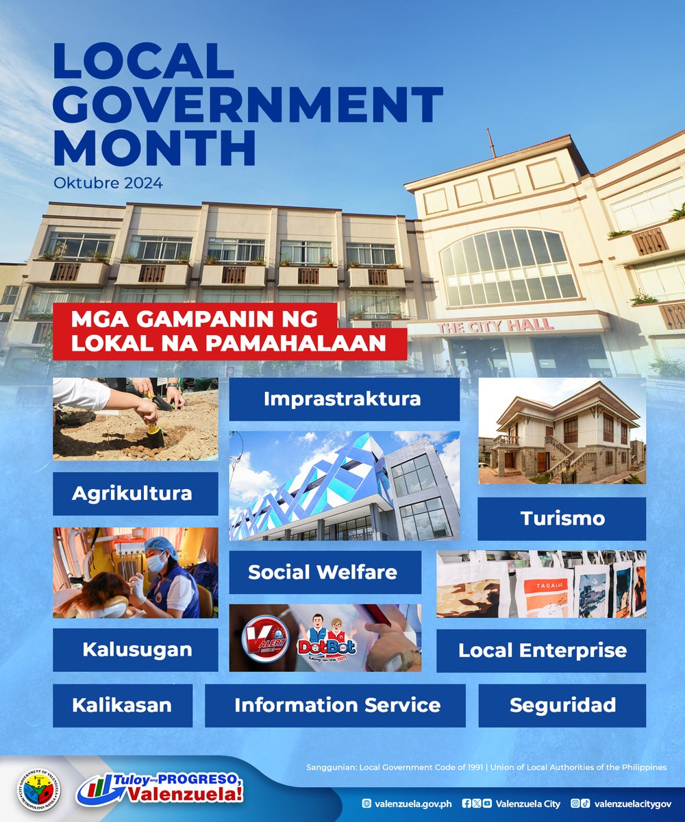 valenzuelacity's tweet photo. Ang Pamahalaang Lungsod ng Valenzuela ay nakikiisa sa pagdiriwang ng #LocalGovernmentMonth ngayong Oktubre.
Bilang katuwang ng Pamahalaang Nasyonal, ang mga Pamahalaang Lokal ay nagbibigay ng mga pangangailangan ng komunidad gaya ng edukasyon at mga serbisyong panlipunan, pangkalusugan, at panseguridad.
Asahan niyo na patuloy pang pagbubutihin ng ating Pamahalaang Lungsod ng Valenzuela ang pagbibigay sa inyo ng serbisyo, mga #Valenzuelano!