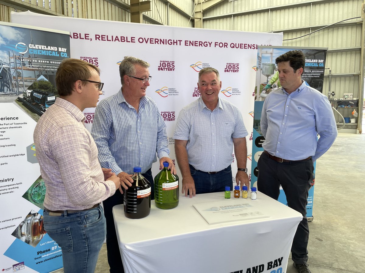 ESIAsiaPacific's tweet photo. Great to see @ScottStewartMP in Townsville with us today announcing a massive scale-up in iron flow battery electrolyte production—from 3M to 43M litres per year! Thanks to a $3M grant from @GrowingQld this means new jobs &amp; boosts our renewable energy future. Stay tuned for more! https://t.co/TBCuglheCP