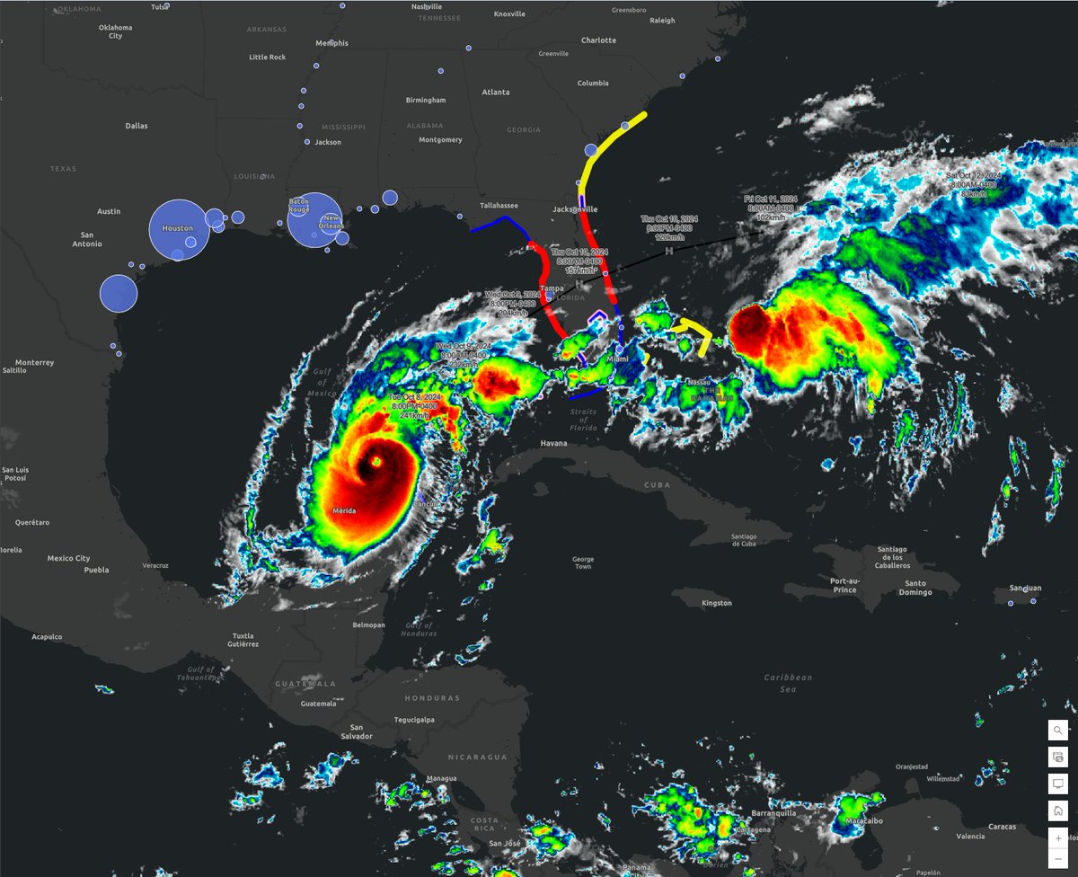 ESPlogisticstec's tweet image. Below is an image of Hurricane Milton from our ESP Maestro logistics visibility dashboard from this morning off the coast of Florida. The blue circles are the ports. Milton has now been upgraded to Category 5.

#hurricanemilton #weather #advanceanalytics #ports #shipping