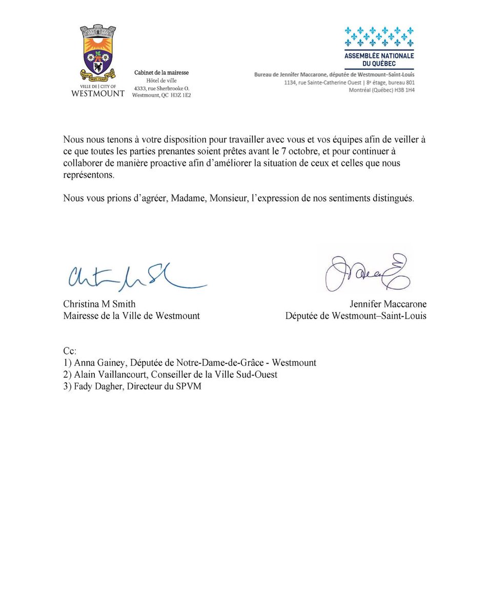Une demande de <a href="/JMaccarone/">Jennifer Maccarone Députée/MNA</a>  et moi-même pour protéger les droits des résidents et des entreprises touchés par les manifestations
