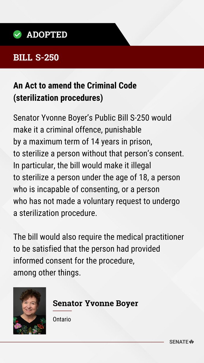 SenateCA's tweet image. .@senatorboyer’s Bill #S250 has been adopted at third reading in the Senate: ow.ly/U1O150THqOA
 
#SenCA #CdnPoli