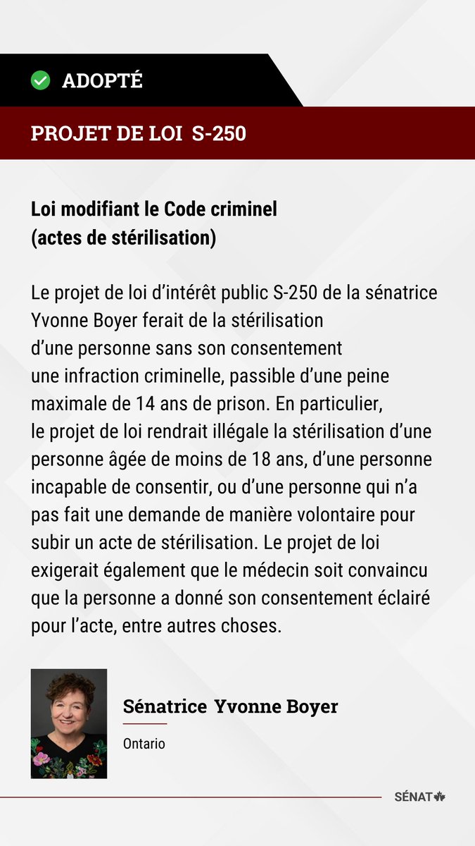 SenatCA's tweet image. Le projet de loi #S250 de la @senatorboyer a été adopté en troisième lecture au Sénat : ow.ly/6IpN50THqOV

#SenCA #PolCan