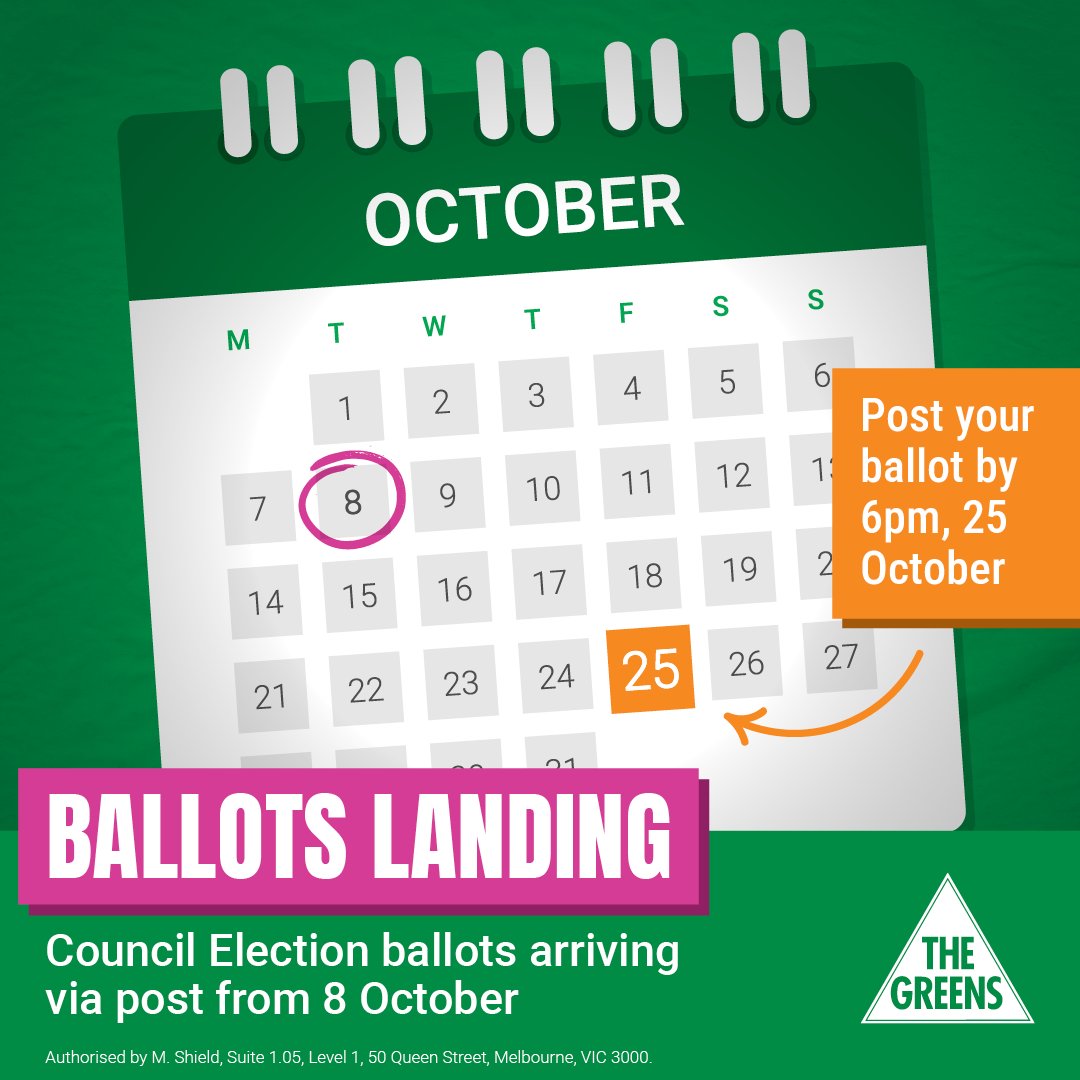 📬  YOU'VE GOT MAIL! 📬

Local council election ballots will have started appearing in your letterboxes this week. What's next?

🔎 Find your local Greens candidate at greens.org.au/vic/finder
1️⃣ Vote 1 for your local Greens candidate
📮 Mail your vote back by 6pm, 25 October!
