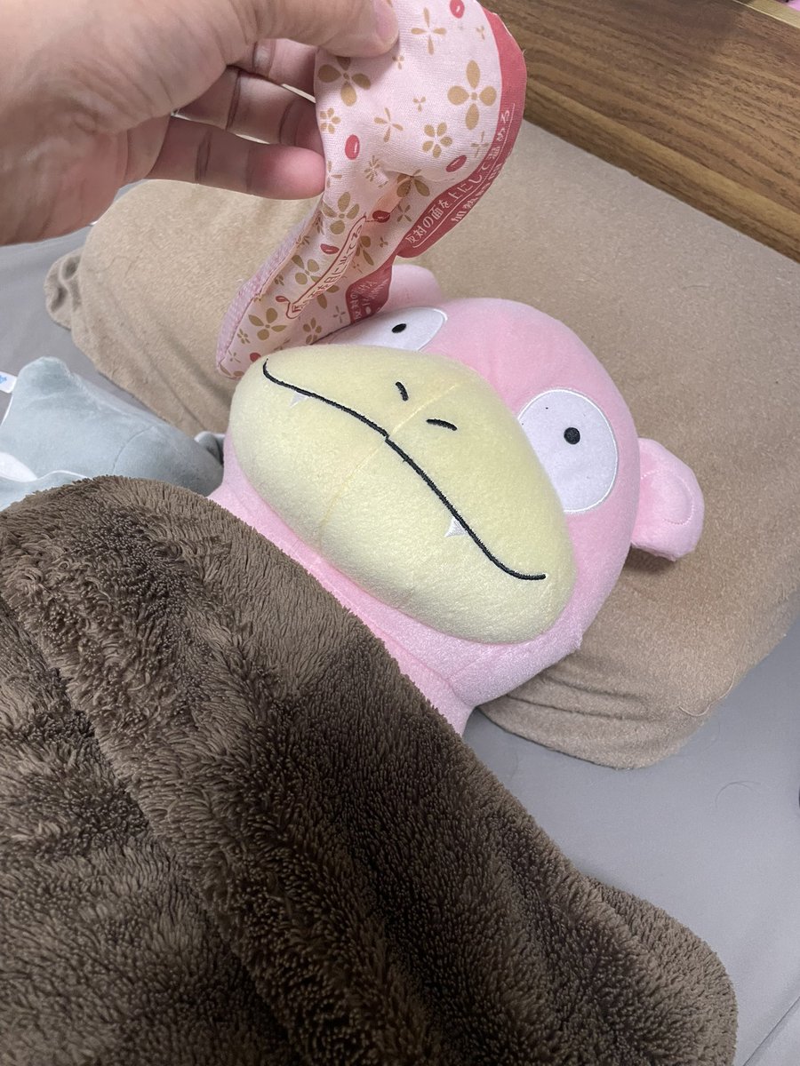 dbd48099204's tweet photo. 2歳の娘がベッドでイタズラしてると思ったら、ヤドンにホットアイマスクを被せてあげていた https://t.co/hBI3yXgaqb