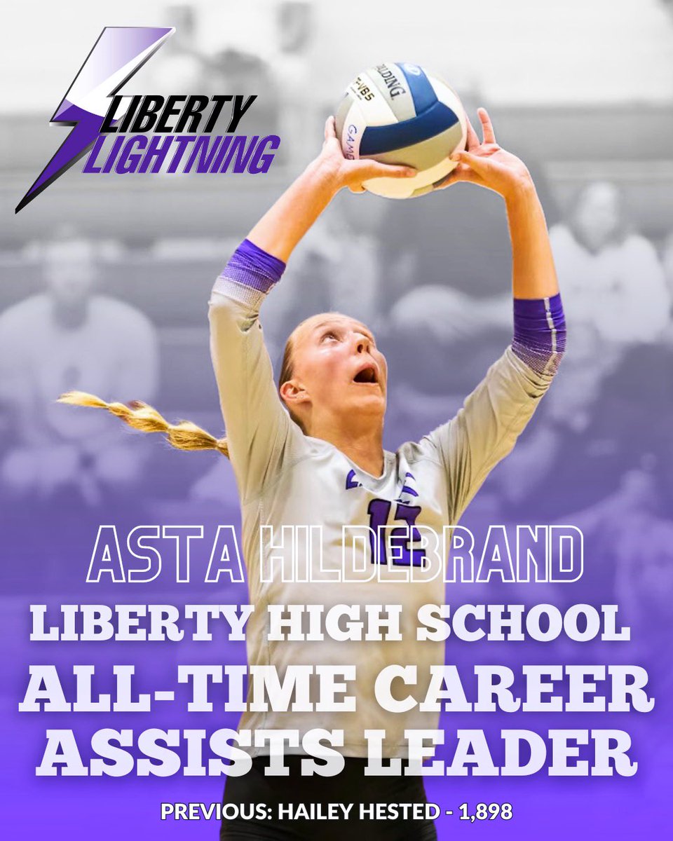⚡️RECORD BREAKER⚡️ 
Congratulations to our Senior Setter Asta Hildebrand (<a href="/asta_hildebrand/">Asta Hildebrand</a>) on becoming Liberty’s All-Time Career Assists Leader tonight in our win against Iowa City West (Previous record: 1898 assists, Hailey Hested). Way to go Asta! <a href="/IGHSAU/">IGHSAU</a>
