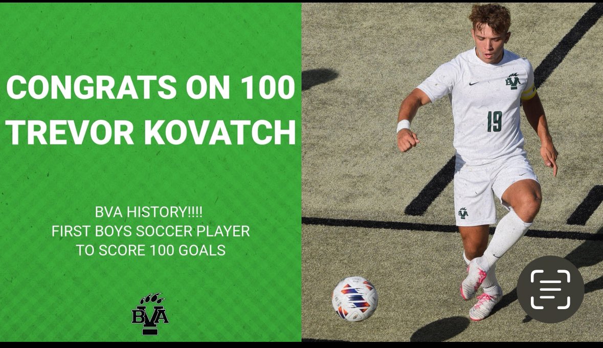 Coach Al (@alyeschenko) on Twitter photo Congrats BVA Boys soccer on big 2-1 win & an Individual accomplishment by Trevor Kovatch on being 1st BVA boy to reach 100 goals.
<a href="/KovatchTrevor/">Trevor Kovatch</a> ⚽️
Assist <a href="/brandonyeschenk/">Brandon Yeschenko</a>
<a href="/AnthonySawa08/">Anthony Sawa</a> ⚽️
Assist <a href="/showmanchris147/">Chris Showman</a>
<a href="/pghsoccernow/">Pittsburgh Soccer Now</a>
<a href="/BVA_GangGreen/">Gang Green</a>
<a href="/BvasdAthletics/">BVASD Athletic Department</a> Congrats BVA Boys soccer on big 2-1 win & an Individual accomplishment by Trevor Kovatch on being 1st BVA boy to reach 100 goals.
<a href="/KovatchTrevor/">Trevor Kovatch</a> ⚽️
Assist <a href="/brandonyeschenk/">Brandon Yeschenko</a>
<a href="/AnthonySawa08/">Anthony Sawa</a> ⚽️
Assist <a href="/showmanchris147/">Chris Showman</a>
<a href="/pghsoccernow/">Pittsburgh Soccer Now</a>
<a href="/BVA_GangGreen/">Gang Green</a>
<a href="/BvasdAthletics/">BVASD Athletic Department</a>