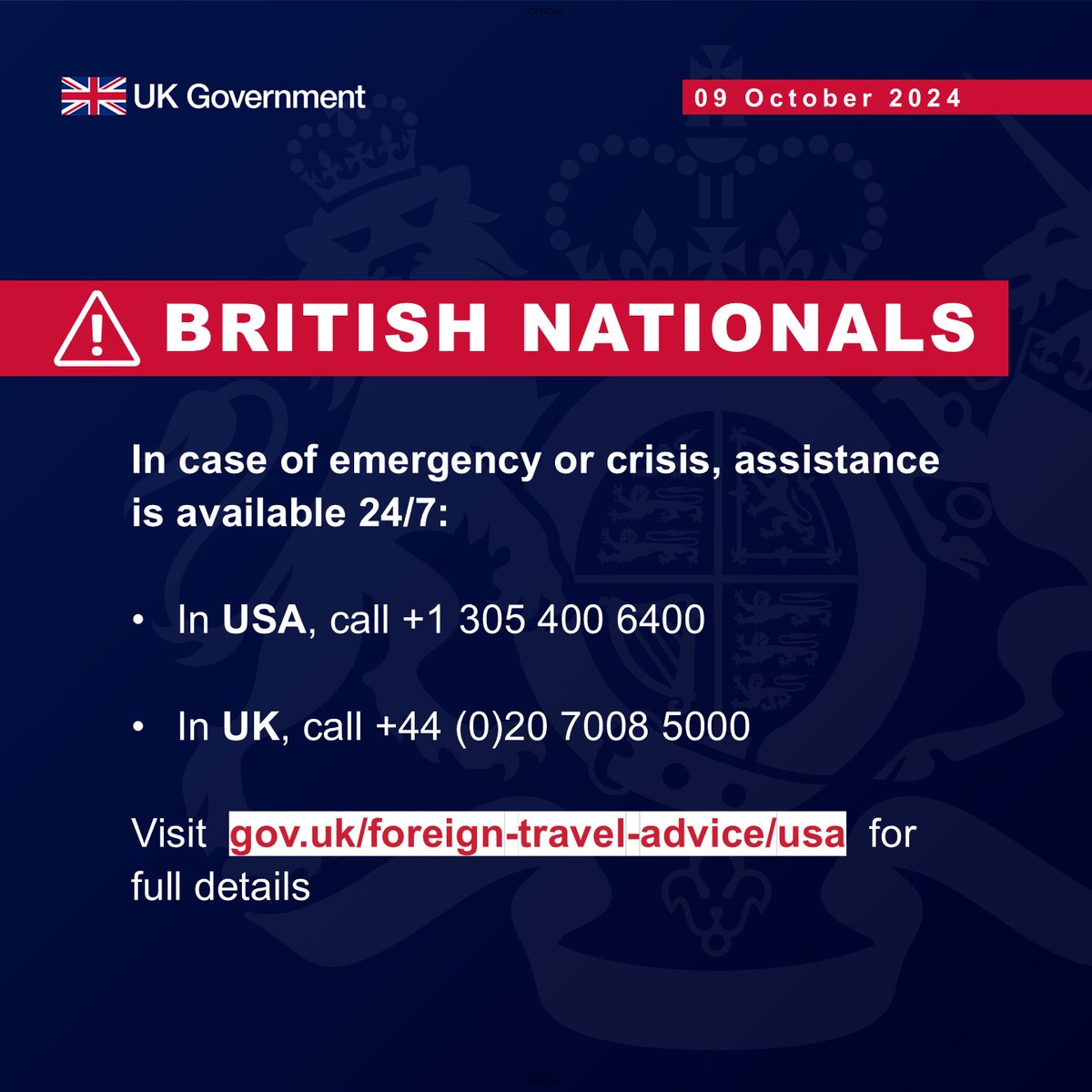 Attention 🇬🇧 nationals:

#HurricaneMilton is expected to impact large parts of Florida. You should:

• monitor storm developments
• follow instructions from local authorities 
• check with your airline or travel agent about possible disruptions

🔗 gov.uk/foreign-travel…