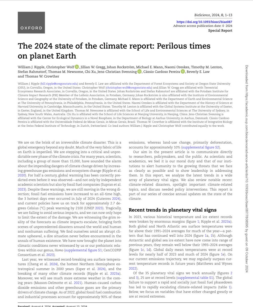 Informe 2024, Estado del Clima “Estamos al borde de un desastre climático irreversible. Gran parte de la estructura de la vida en la Tierra está en peligro. Estamos entrando en una nueva fase decisiva e impredecible de la crisis climática.” ⁦<a href="/inspmx/">INSP México</a>⁩
doi.org/10.1093/biosci…