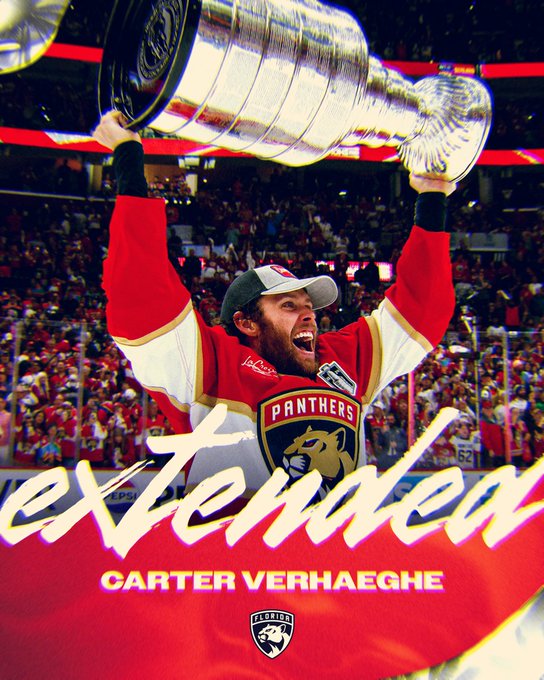 Graphic announcing Carter Verhaeghe's extension with a photo of him lifting the Cup.