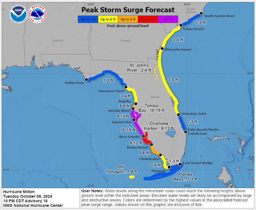 NHC_Surge's tweet image. 10/8 10pm CDT: A large area of destructive storm surge from #Milton is expected along portions of the west coast of Florida.
If you are in the Storm Surge Warning area, this is an extremely life-threatening situation & you should evacuate if ordered to do so by local officials.