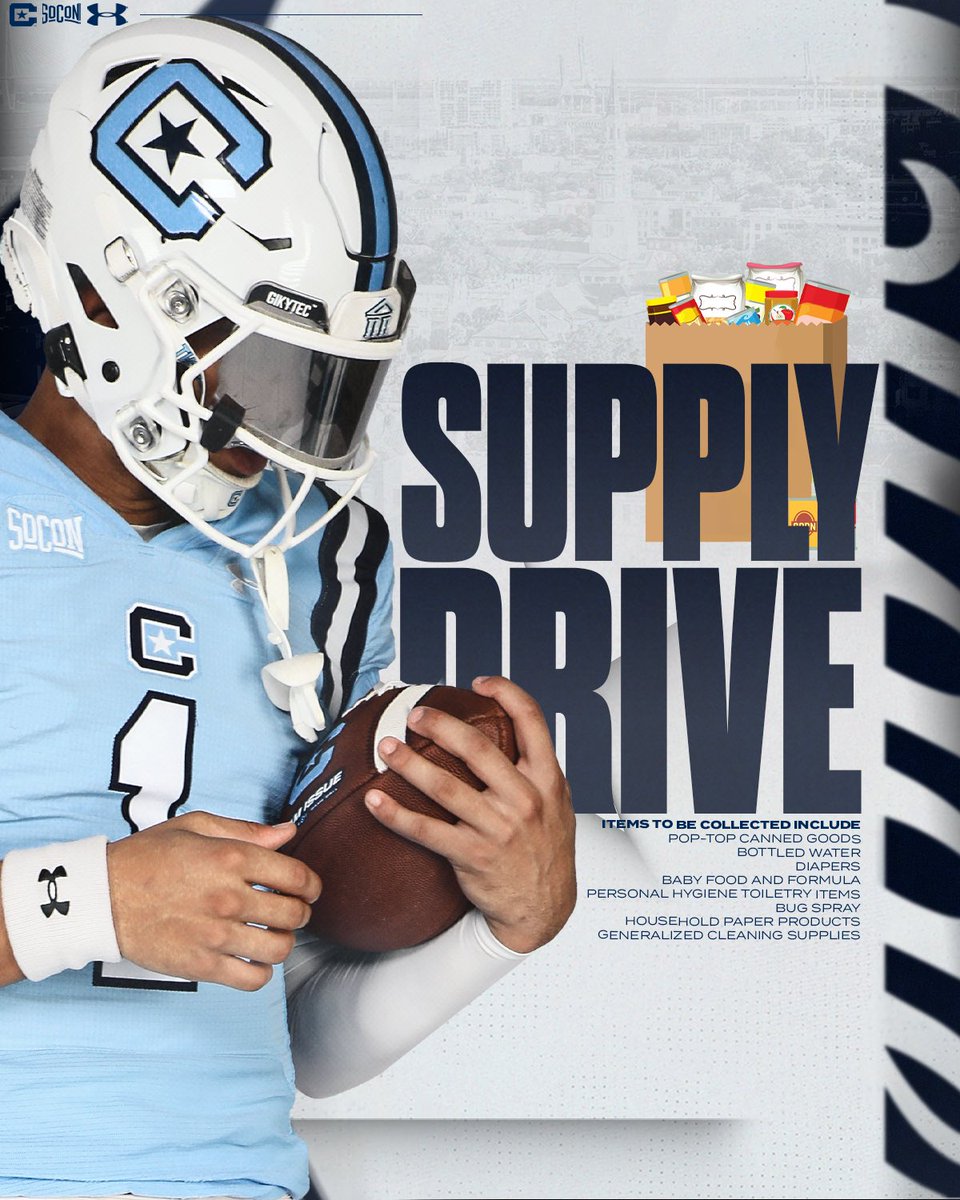 The Citadel Football (@citadelfootball) on Twitter photo Many of our <a href="/SoConSports/">The Southern Conference</a> brethren suffered the devastating impact of Hurricane Helene, and as the Bulldogs visit <a href="/CatamountsFB/">Western Carolina Football</a> this Saturday, we’re taking a supply run w/ us…if able, please consider a donation.
Further details ⤵️
📰: bit.ly/3Yr7i4x
#FireThoseCannons Many of our <a href="/SoConSports/">The Southern Conference</a> brethren suffered the devastating impact of Hurricane Helene, and as the Bulldogs visit <a href="/CatamountsFB/">Western Carolina Football</a> this Saturday, we’re taking a supply run w/ us…if able, please consider a donation.
Further details ⤵️
📰: bit.ly/3Yr7i4x
#FireThoseCannons