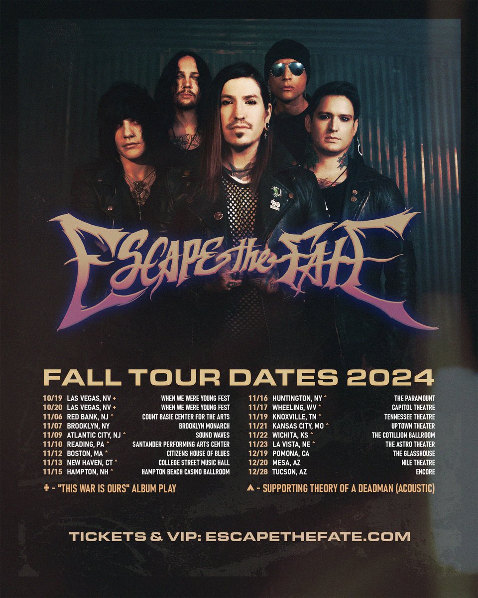 EscapeTheFate's tweet photo. See you this fall ❤️
OCT 19-20 @WWWYFest 
NOV 6-23 Acoustic Tour w/ @TheoryMusic 

Headline Shows
Nov 7
Dec 19-20,28 https://t.co/vfOI4X3bZR
