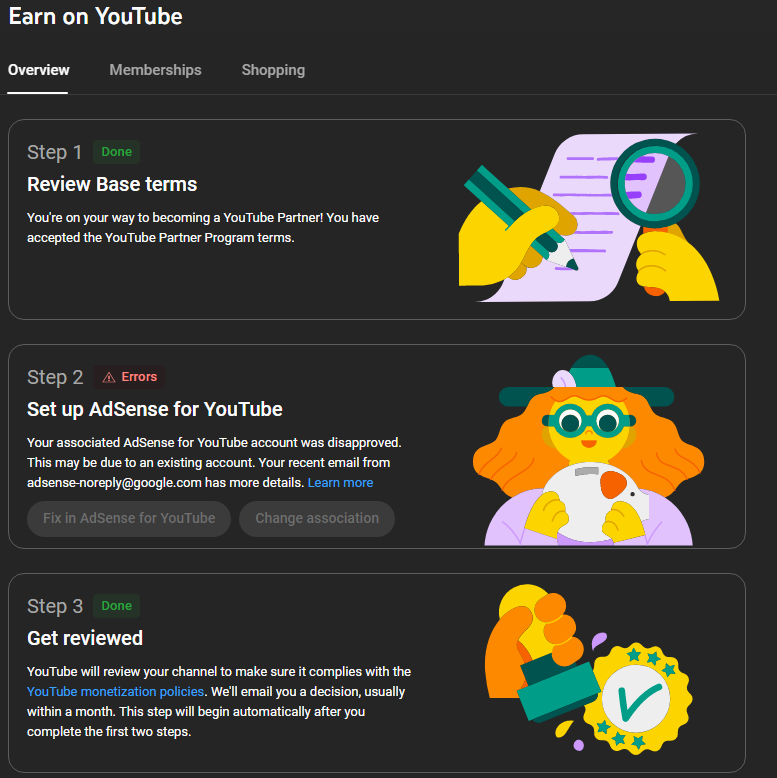 ChefSalty92's tweet photo. @TeamYouTube Certainly! I was already approved as a partner. Then this error popped up after setting up my tax info on one of the two adsense I have connected. It won't allow me to use the two buttons that are greyed out because I have to wait 32 days between adsense for YT changes. https://t.co/OhUgYwg1Md