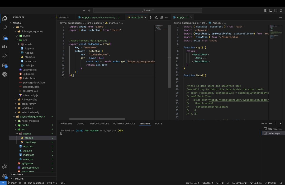 SnipX0's tweet image. Day 7 of #100DaysOfCode ✅

- Deep dive into #RecoilJS!
- Learned async data queries, atoms, selectors, useRecoilValue/useRecoilState, plus advanced concepts like atomFamily, selectorFamily, and useRecoilStateLoadable.

Time to do it again tomorrow! 💻 #React #JavaScript #reactjs