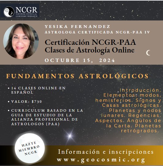 A partir del 15 de Octubre, la NCGR ofrecerá un curso completo de astrología en español basado en la guía de estudio de la Alianza Profesional de Astrólogos [PAA]
geocosmic.org/ncgr-education…