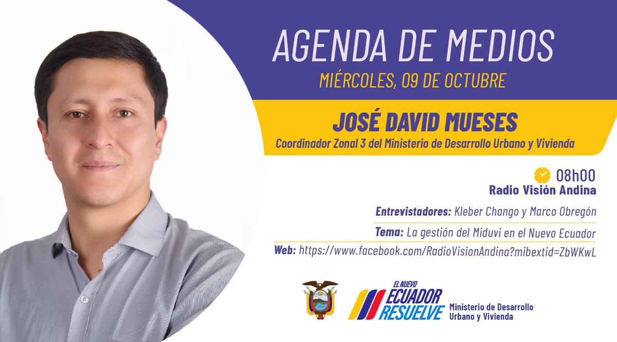 ViviendaEc's tweet photo. #EnMedios 🎙️ | ¡Conoce más sobre nuestra gestión! 🏡🇪🇨
Sigue la entrevista que nuestro Coordinador Regional #Zonal3 mantendrá en Radio Visión Andina.
🗓️ Miércoles, 09 de octubre
⏰ 08h00
🏡 Tema: #GestiónMiduvi
#ElNuevoEcuadorResuelve 🤝 https://t.co/LcVMECycTg