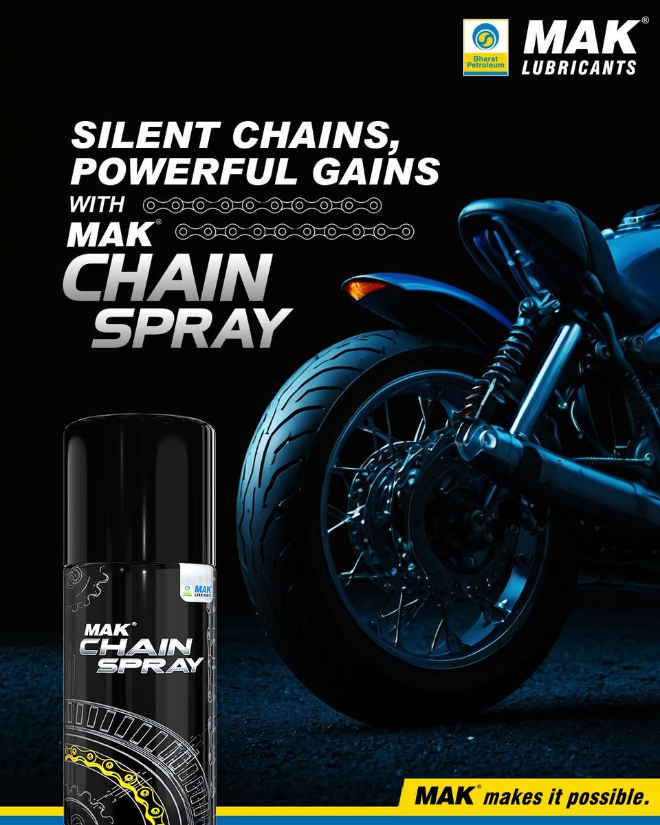 BPCLMakLubes's tweet photo. Experience the difference with #MAKChainSpray.Our advanced formula provides superior #lubrication and #protection, keeping your chain in top condition and extending its lifespan. Be ready for a quieter, smoother, and more efficient #performance.
#silentrides #chaincare #easytouse https://t.co/XqJctlB0ud