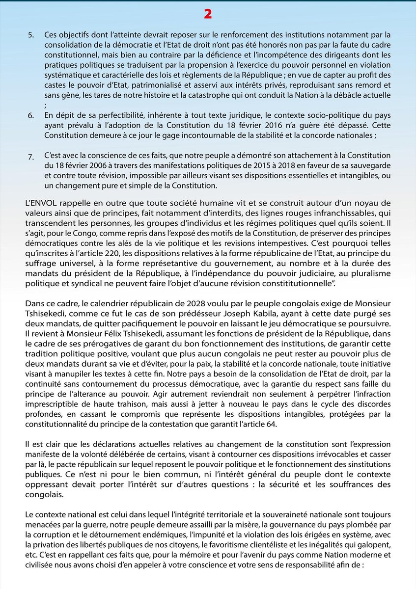 dechrist_ngongo's tweet photo. Le parti @Envol_Rd_Congo s'oppose fermement à toute initiative de changement de la Constitution de 2006. La stabilité, l'État de droit et l'alternance démocratique ne sont pas négociables ! Nous appelons le peuple congolais à défendre notre histoire et à protéger notre avenir. https://t.co/n0sNte9GT1