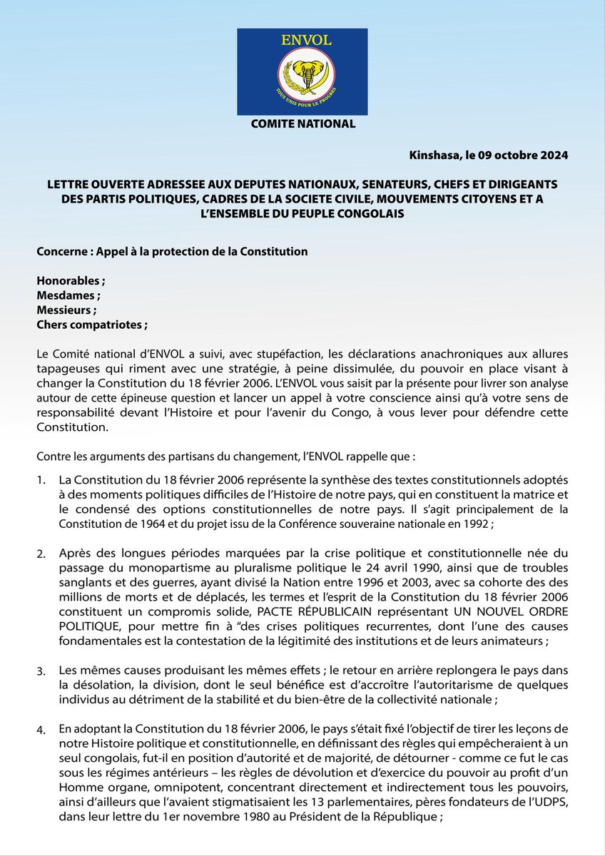 dechrist_ngongo's tweet photo. Le parti @Envol_Rd_Congo s'oppose fermement à toute initiative de changement de la Constitution de 2006. La stabilité, l'État de droit et l'alternance démocratique ne sont pas négociables ! Nous appelons le peuple congolais à défendre notre histoire et à protéger notre avenir. https://t.co/n0sNte9GT1