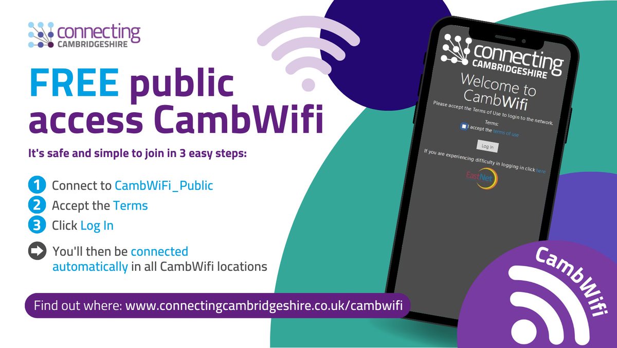ConnectingCambs's tweet photo. Free CambWifi is available on streets in Ely, Huntingdon, March, Peterborough, Ramsey, St Neots, St Ives &amp; Whittlesey.

It's simple and safe to join in 3 easy steps. Find out more here: https://t.co/h06pJN6jPB

#FreeWifi #DigitalConnectivity #CambWifi https://t.co/ZVOjvvMnyG