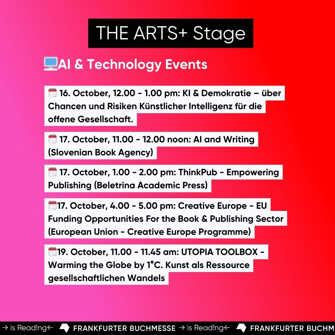 🖥️ Interested in the technologies of tomorrow's book industry at #fbm24? Then you can't miss these events on THE ARTS+ Stage (📍Hall 4.1)  covering #AI and more!

👉Get all the details here: connect.buchmesse.de/newfront/marke…