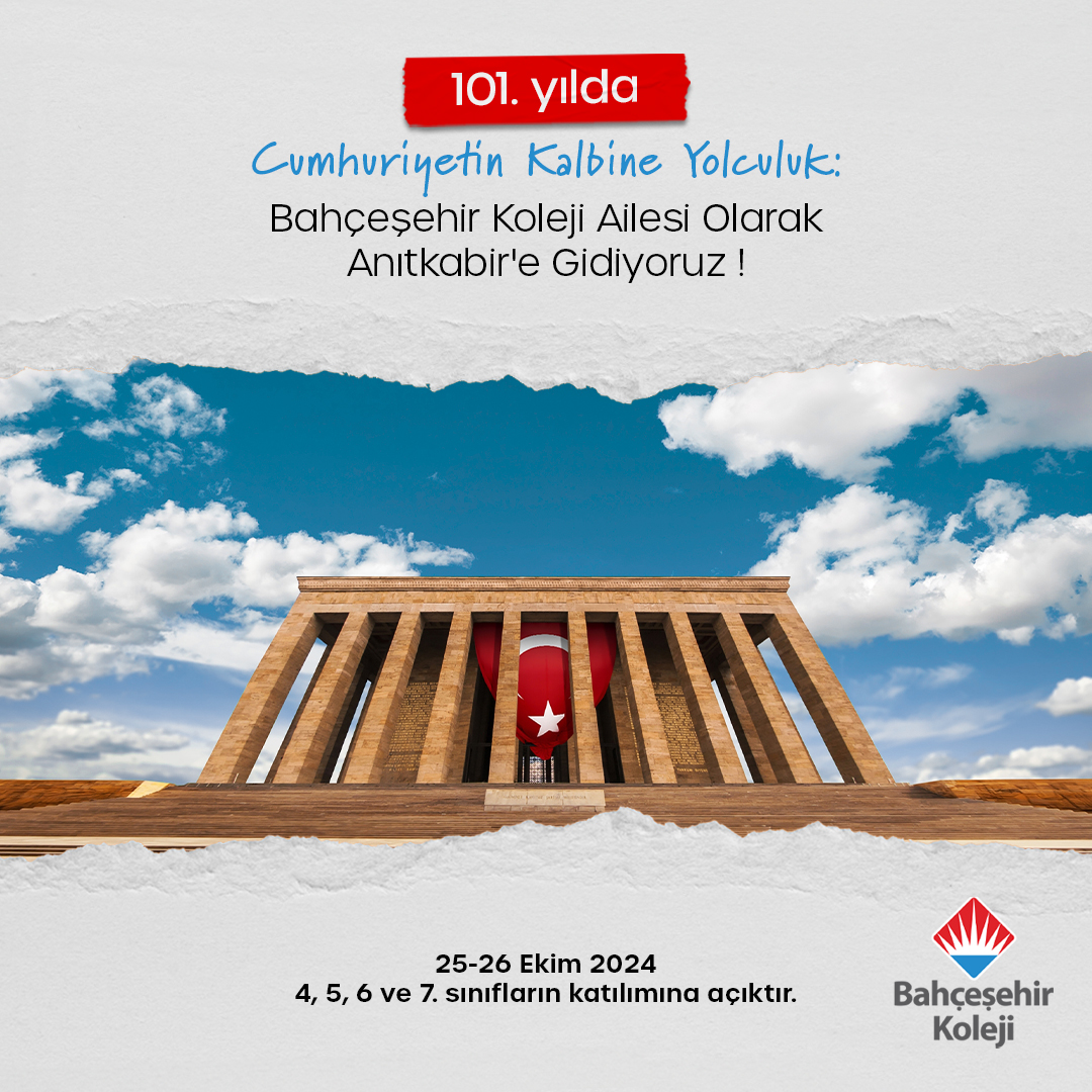 Bahçeşehir Koleji Ailesi olarak; hep birlikte 25 Ekim Cuma günü Cumhuriyetimizin Kurucusu Ulu Önder Mustafa Kemal Atatürk’ün huzuruna çıkıyoruz! 🇹🇷

#BahçeşehirKoleji
#CumhuriyetinKalbineYolculuk
