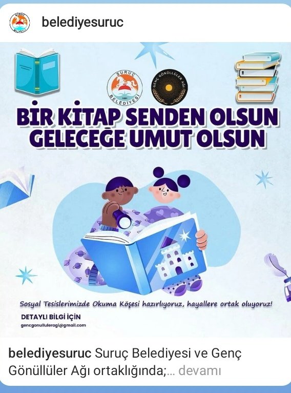 Şanlıurfa / Suruç Belediyesi paydaşlığında okuma köşesi hazırlıyoruz ✨ Bir Kitap Senden Olsun Geleceğe Umut Olsun çağrısıyla kitap desteklerinizi bekliyoruz. Dayanışmayla kalın ✨ 
<a href="/gonulluler_genc/">Genç Gönüllüler Ağı</a> <a href="/belediyesuruc/">Şaredarîya Pirsûsê | Suruç Belediyesi</a> <a href="/avmuslumbaran/">Müslüm Baran</a> <a href="/Aytenkaya63/">Ayten kaya</a>