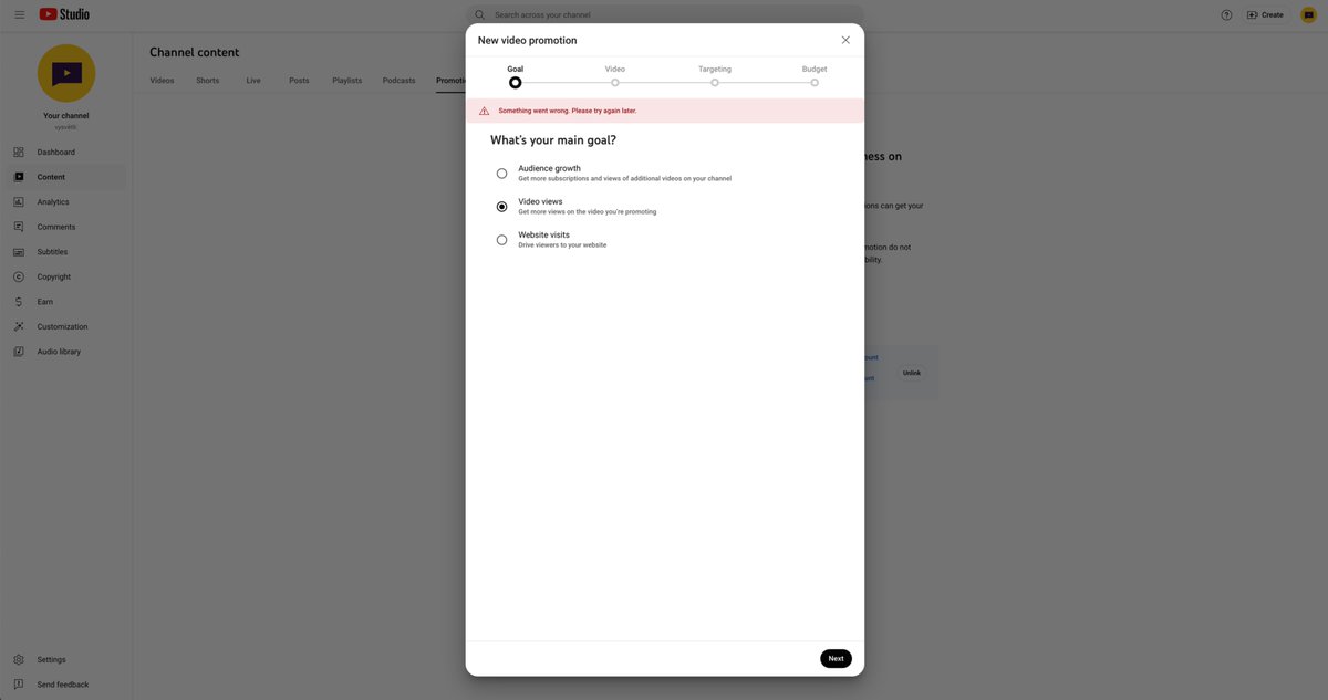 Hi <a href="/TeamYouTube/">TeamYouTube</a> ,
I've been getting the error message "Something went wrong. Please try again later." for the past couple of weeks when trying to promote our video. Could you please help me resolve this issue? Thank you!