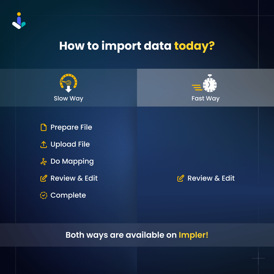 implerio's tweet image. "Time is Money" - Import Data in 1 Step
No more files! No more steps! Just what's needed!
#dataimport #impler #directimport