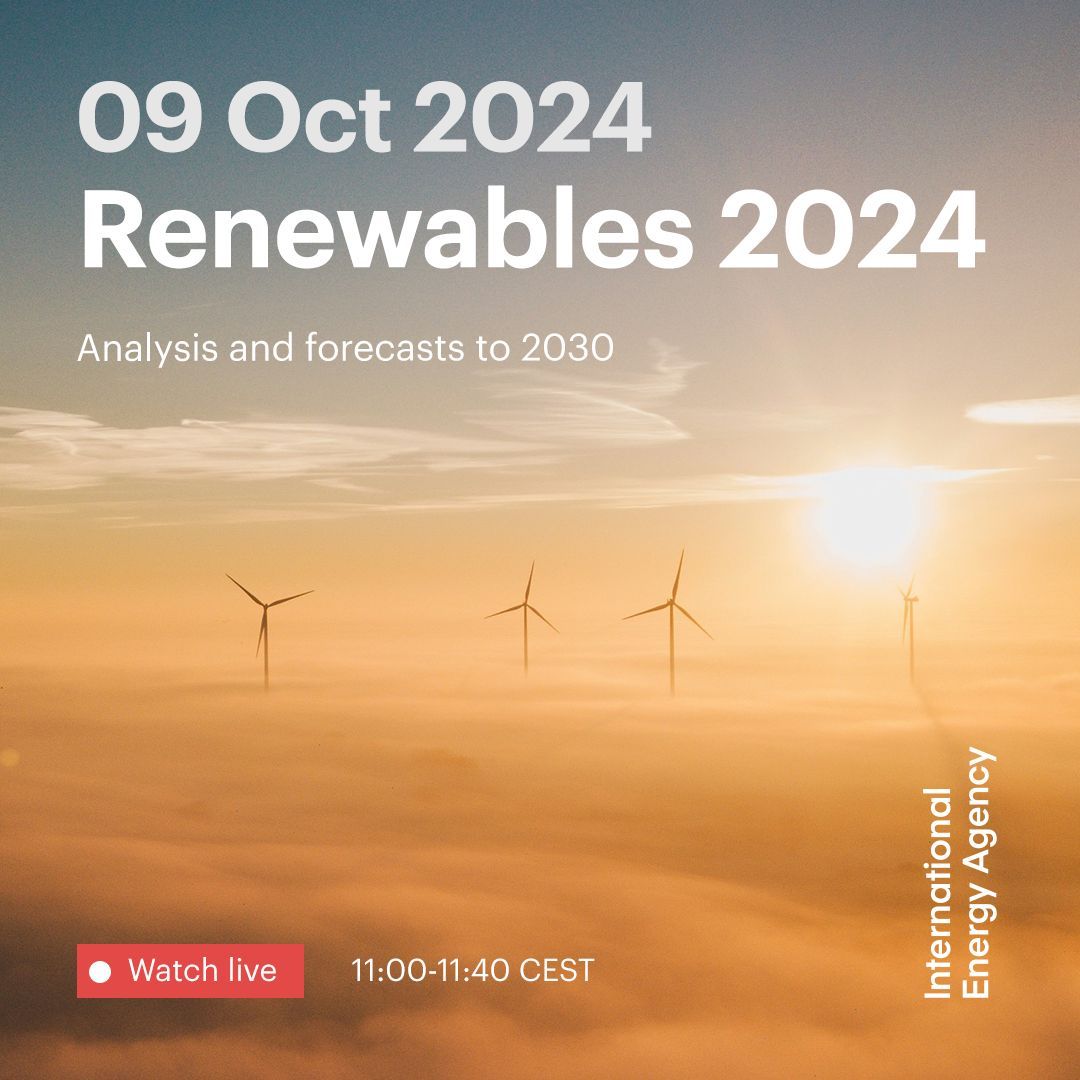 International Energy Agency (@iea) on Twitter photo This morning, we released Renewables 2024 ➡️ iea.li/3zEq12Y
In just 3️⃣0️⃣ minutes, join our Executive Director <a href="/fbirol/">Fatih Birol</a> & lead author <a href="/heymibahar/">Heymi Bahar</a> as they launch the report LIVE & discuss the main findings.
Watch along from 11:00 CEST ➡️ iea.li/4gReONb This morning, we released Renewables 2024 ➡️ iea.li/3zEq12Y
In just 3️⃣0️⃣ minutes, join our Executive Director <a href="/fbirol/">Fatih Birol</a> & lead author <a href="/heymibahar/">Heymi Bahar</a> as they launch the report LIVE & discuss the main findings.
Watch along from 11:00 CEST ➡️ iea.li/4gReONb