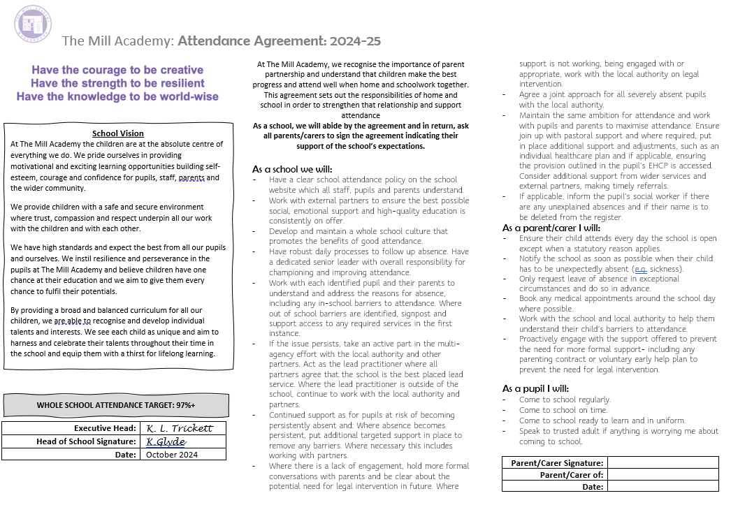 GlydeMiss's tweet photo. Please see below the Attendance Agreement for The Mill Academy 2024-2025 https://t.co/Hm0fHUTRKp