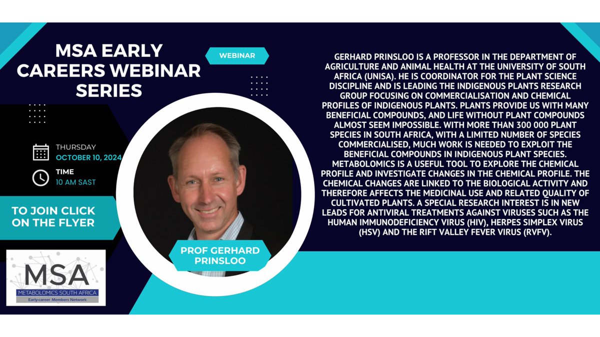 You are invited to the MSA EARLY CAREER Webinar series.
Speaker: Prof Gerhard Prinsloo (UNISA)
⏰ 10 am
🔗zoom.us/j/96752230287?…
Speaker Bio in image📸
#WEBINARS #METABOLOMICS 
@EMN_MSA <a href="/FT_ResearchUJ/">The Tugizimana Lab</a> <a href="/Imbewu_MG/">Imbewu Metabolomics Group</a> <a href="/theNWU/">NWU - North-West University</a> <a href="/unisa/">Unisa</a> <a href="/go2uj/">University of Johannesburg</a> <a href="/ACGT_OMICS/">African Centre for Gene Technologies</a>