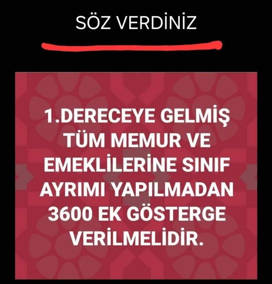 3600 Ek Gösterge de
Kurum Kadro Olarak Böldünüz.. Seyyanen Zam da
Memur #EmekliMemur Olarak Böldünüz NERDE EK GÖSTERGE 
Hesap Sandığa Kalmasın.. 
Yerel Seçim Sonuçları Unutulmasın. #BirinciDereceye3600 
<a href="/RTErdogan/">Recep Tayyip Erdoğan</a> <a href="/isikhanvedat/">Prof. Dr. Vedat Işıkhan</a>  <a href="/fahrettinaltun/">Fahrettin Altun</a> <a href="/iletisim/">T.C. İletişim Başkanlığı</a> <a href="/tcbestepe/">T.C. Cumhurbaşkanlığı</a> <a href="/memetsimsek/">Mehmet Simsek</a>