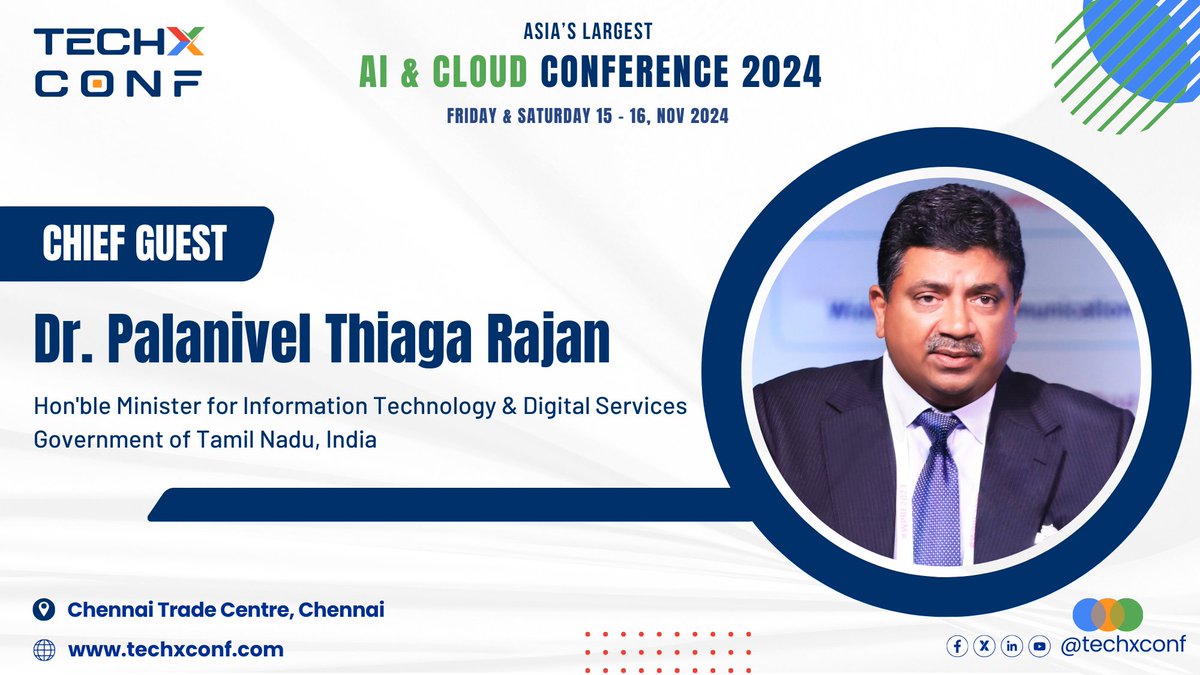 TechXConf's tweet photo. Thrilled to have Dr. @ptrmadurai, Hon'ble Minister for IT &amp; Digital Services, Govt. of Tamil Nadu, as the Chief Guest at #TechXConf!

Join us for exciting discussions on AI, Cloud, and Digital Governance!

https://t.co/kpFZdT3SpZ

#TechXConf2024 #TNStartup #TamilNadu https://t.co/qB1IAWg9HE