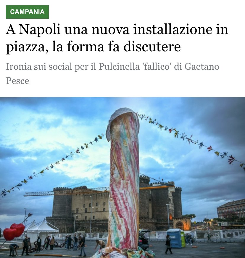 A Napoli il Pulcinella “fallico” di Pesce

Sarò curioso di vedere chi all’inaugurazione si metterà a destra e sinistra dell’opera. Diventandone parte integrante

Forse Pesce dall’alto dei cieli riderà a crepapelle per aver messo a nudo la natura e pochezza di certi politici

🦎