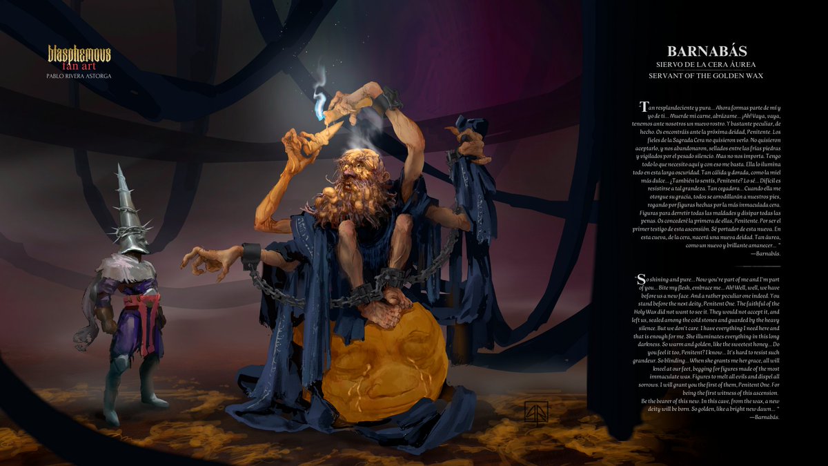 PabloRiveraArt's tweet photo. Blasphemous Fan Art. I wanted to design a character from Cvstodia. This is Barnabás, a great believer who tried to merge with his holy deity. @qapitan @TheGameKitchen @BlasphemousGame #Blasphemous #fanart #conceptart https://t.co/aMeLLunk6Y